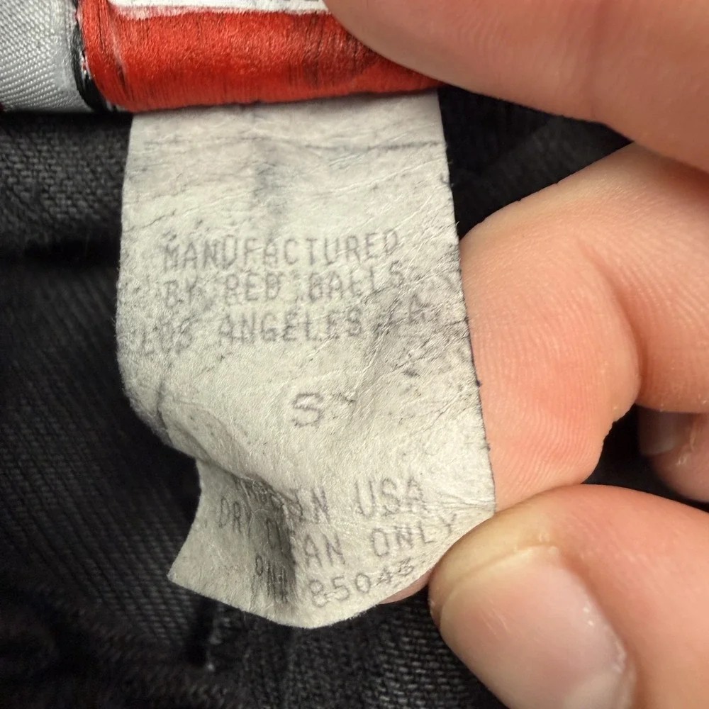 Red Balls on Fire Coat Mens Small Black Cotton Twill Long Overcoat USA